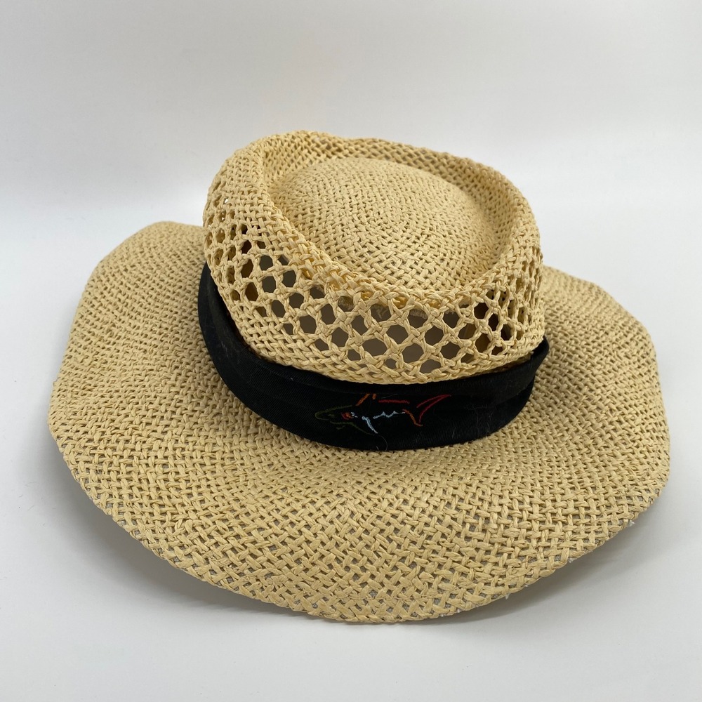 Greg Norman for Tasso Elba Straw Sun Hat Tan Black Band Shark Logo OSFA - Picture 2 of 6